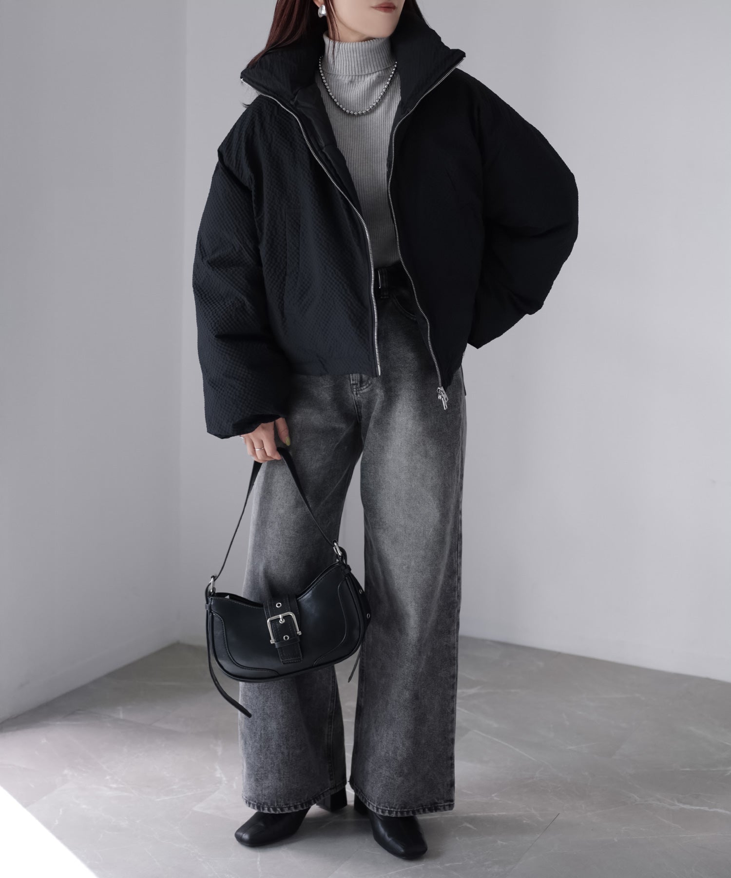 リベリー Riberry チェックサッカースタンドカラーショートダウン (ブラック) ブラック