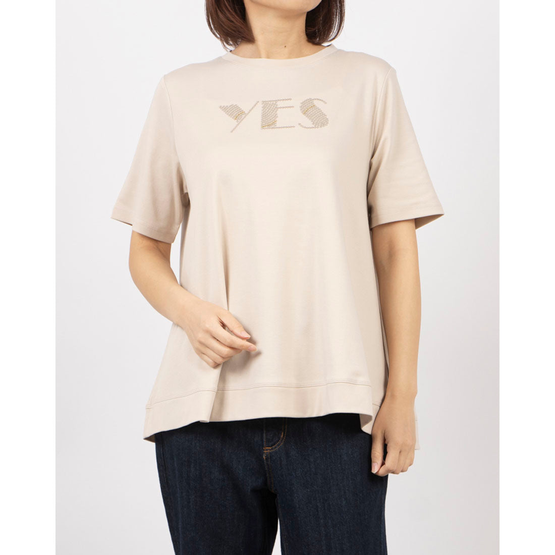 ブローディア BRODIAEA PREMIUMスムース YESスパンコール刺繍半袖Tシャツ (ベージュ) ベージュ