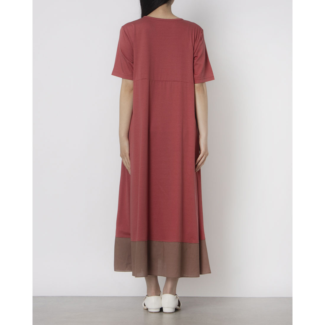 ブローディア BRODIAEA 【追加生産】裾配色切り替えツルサラコットン半袖ワンピース (コーラル) コーラル