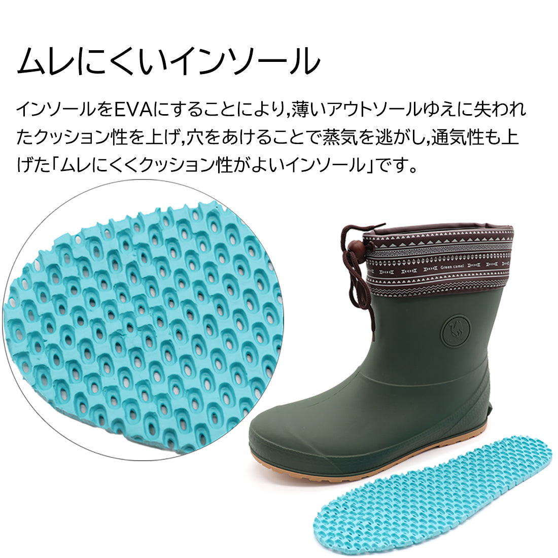 「Green camel」男女兼用トライバルブーツ ショートレインブーツ 防水シューズ 長靴 BRACCIANOセレクト