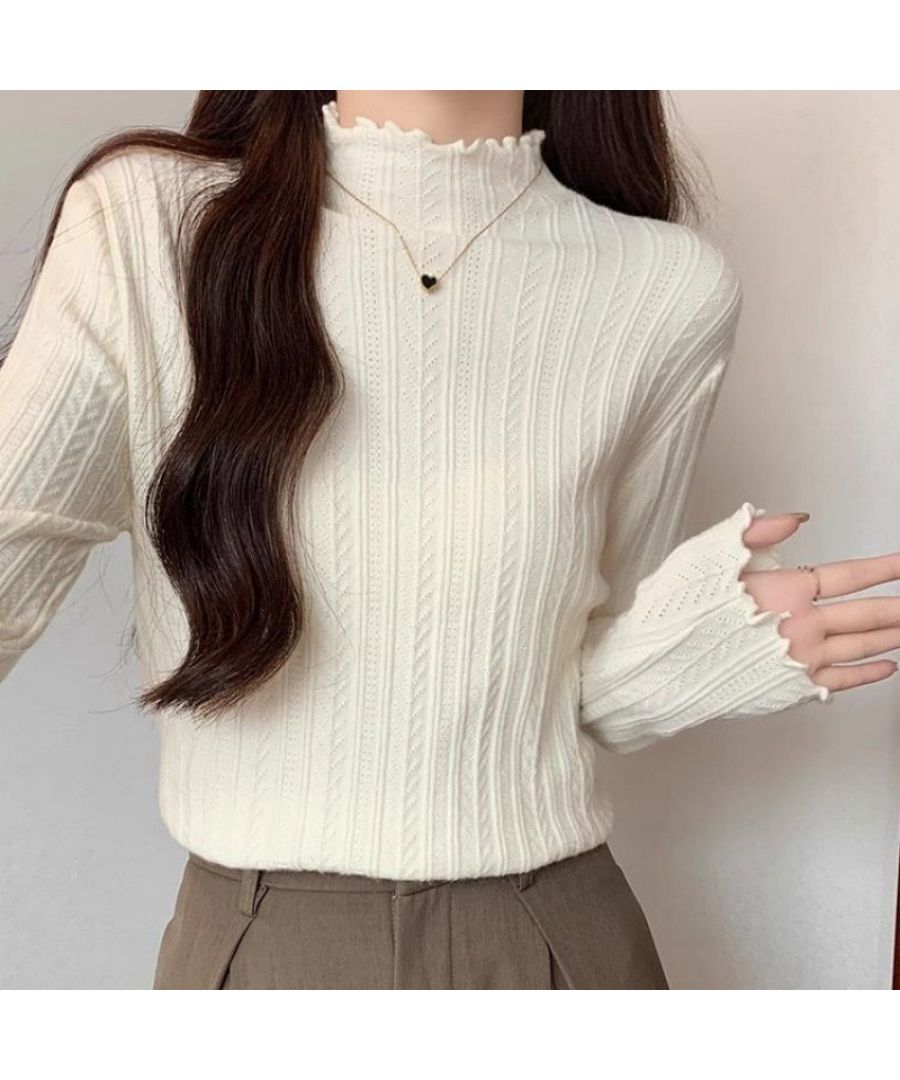 ベストストア Beststore トップス ニット ハイネック フリル襟 無地 長袖 ニット インナー カットソー ニットセーター 韓国ファッションニット 薄手 春新作 リブニット 伸縮性 トレ