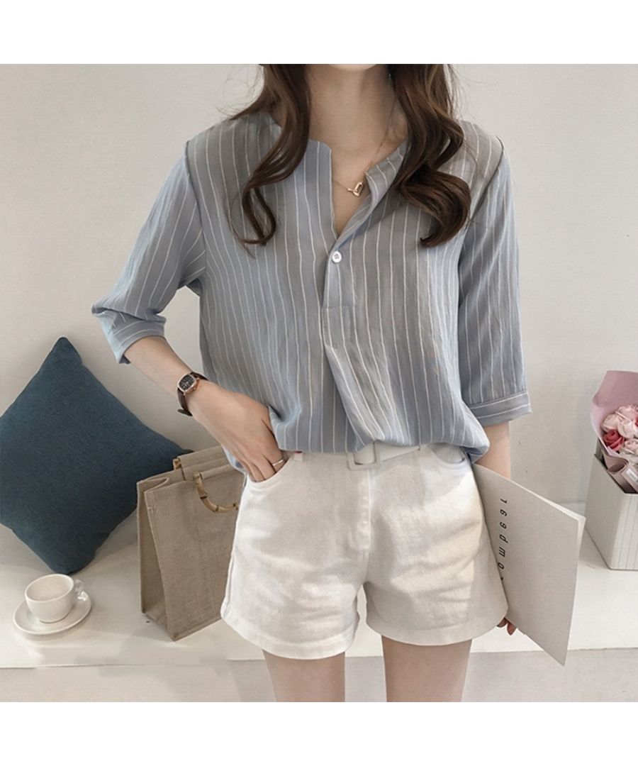 ベストストア Beststore ストライプ シャツブラウス 半袖 五分袖 トップス 夏 シャツブラウス オーバーフィット 韓国 ブラウス 無地 半袖 ナチュラル 襟シャツ きれいめ パフスリー
