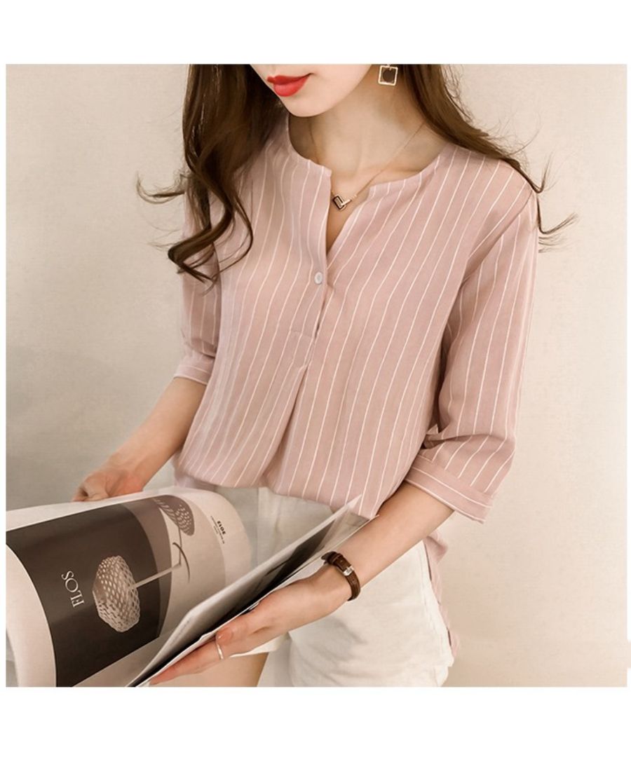 ベストストア Beststore ストライプ シャツブラウス 半袖 五分袖 トップス 夏 シャツブラウス オーバーフィット 韓国 ブラウス 無地 半袖 ナチュラル 襟シャツ きれいめ パフスリー
