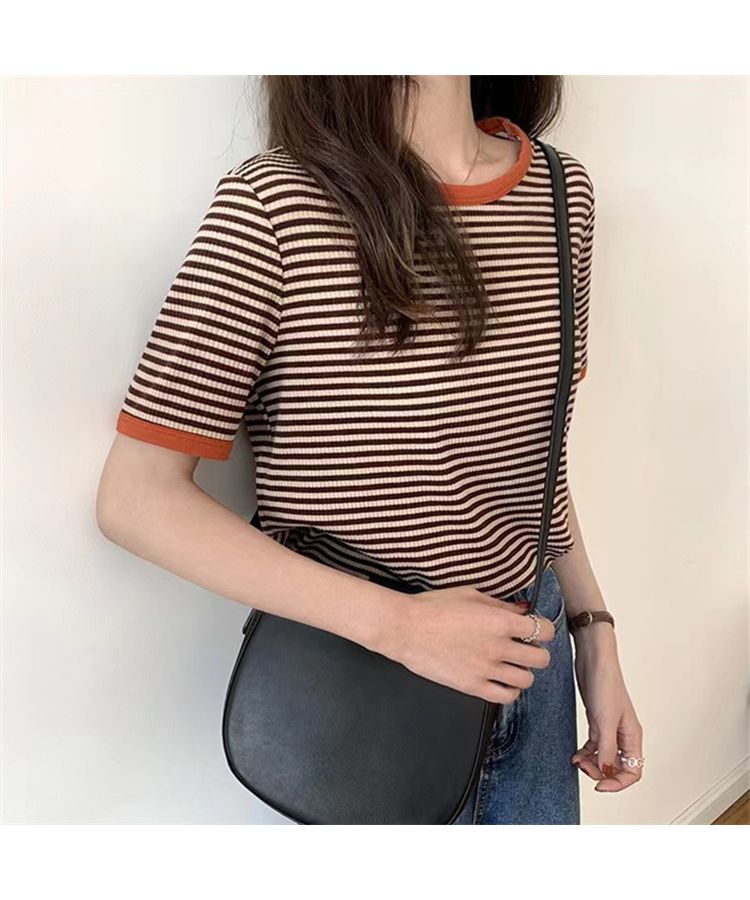 Beststore Bicolor Stripe T-Shirt Korean Fashion T-Shirt Tops T-Shirt Summer Short Sleeve Simple Stripe T-Shirt Color Matching New Spring/Summer Basic Cute