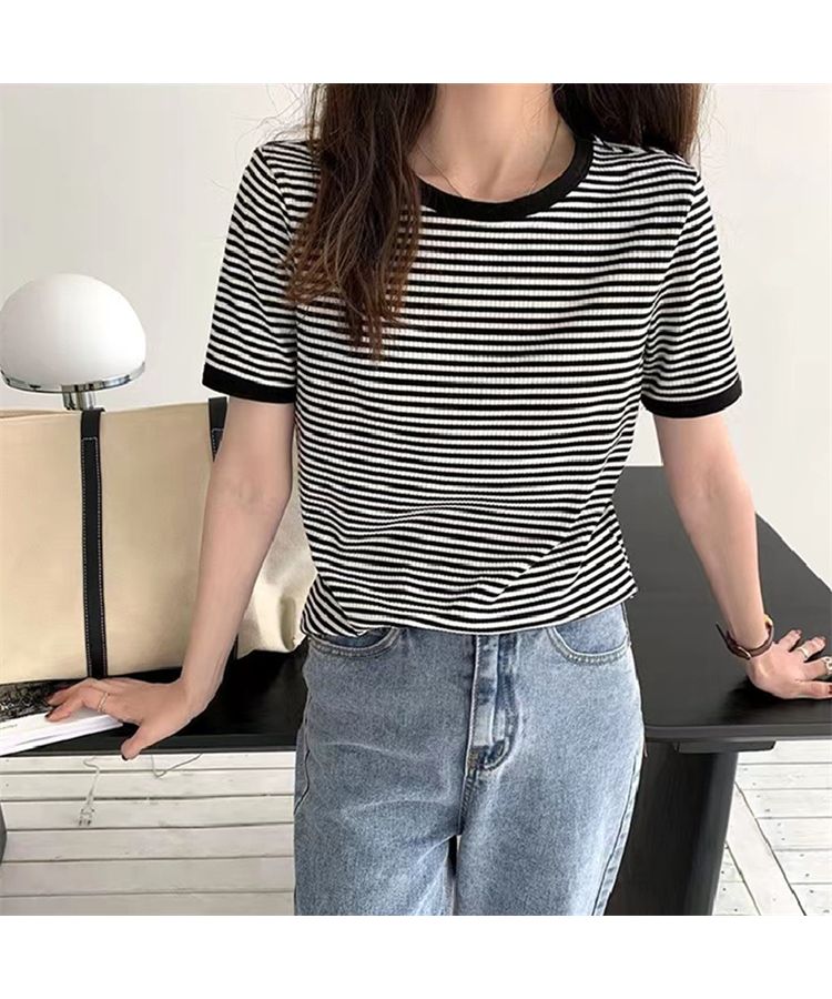 Beststore Bicolor Stripe T-Shirt Korean Fashion T-Shirt Tops T-Shirt Summer Short Sleeve Simple Stripe T-Shirt Color Matching New Spring/Summer Basic Cute
