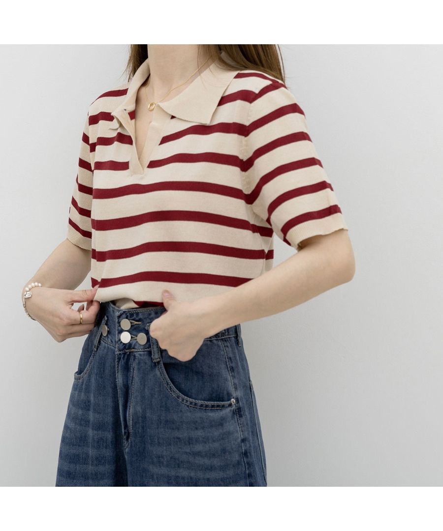 ベストストア Beststore ポロシャツ Vネック 半袖 tシャツ ストライプ カットソー 韓国ファッション トップス ボーダー サマーニット襟付き polo襟 ストライプシャツ (ブラックストライプ) ブラックストライプ