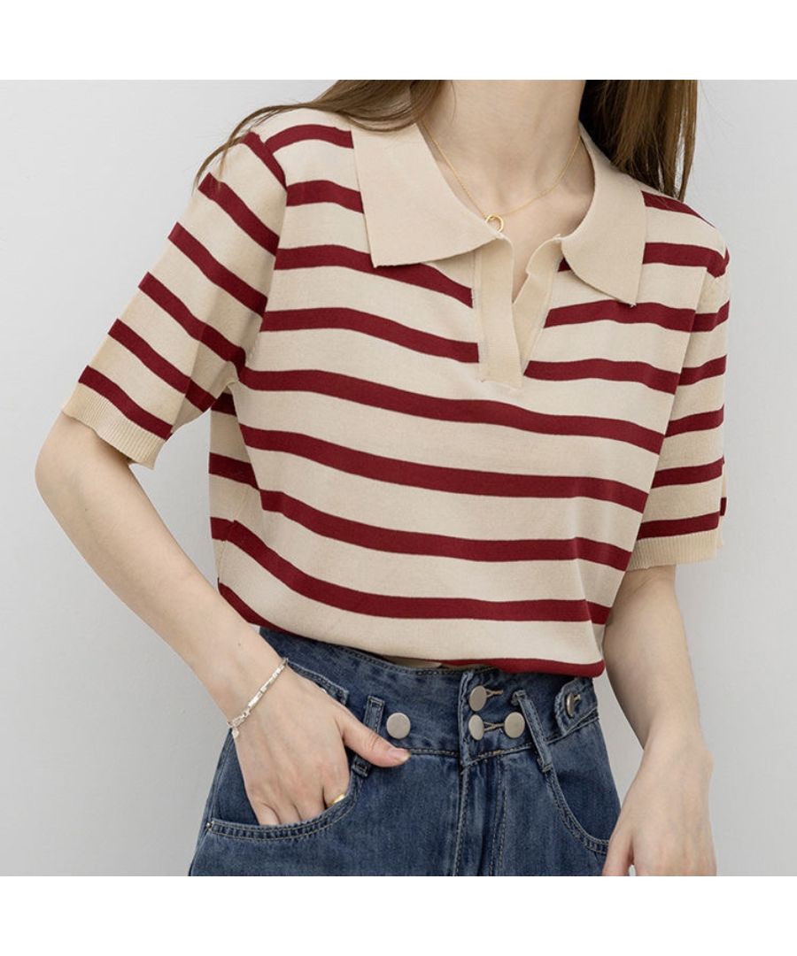 ベストストア Beststore ポロシャツ Vネック 半袖 tシャツ ストライプ カットソー 韓国ファッション トップス ボーダー サマーニット襟付き polo襟 ストライプシャツ (ブラックストライプ) ブラックストライプ