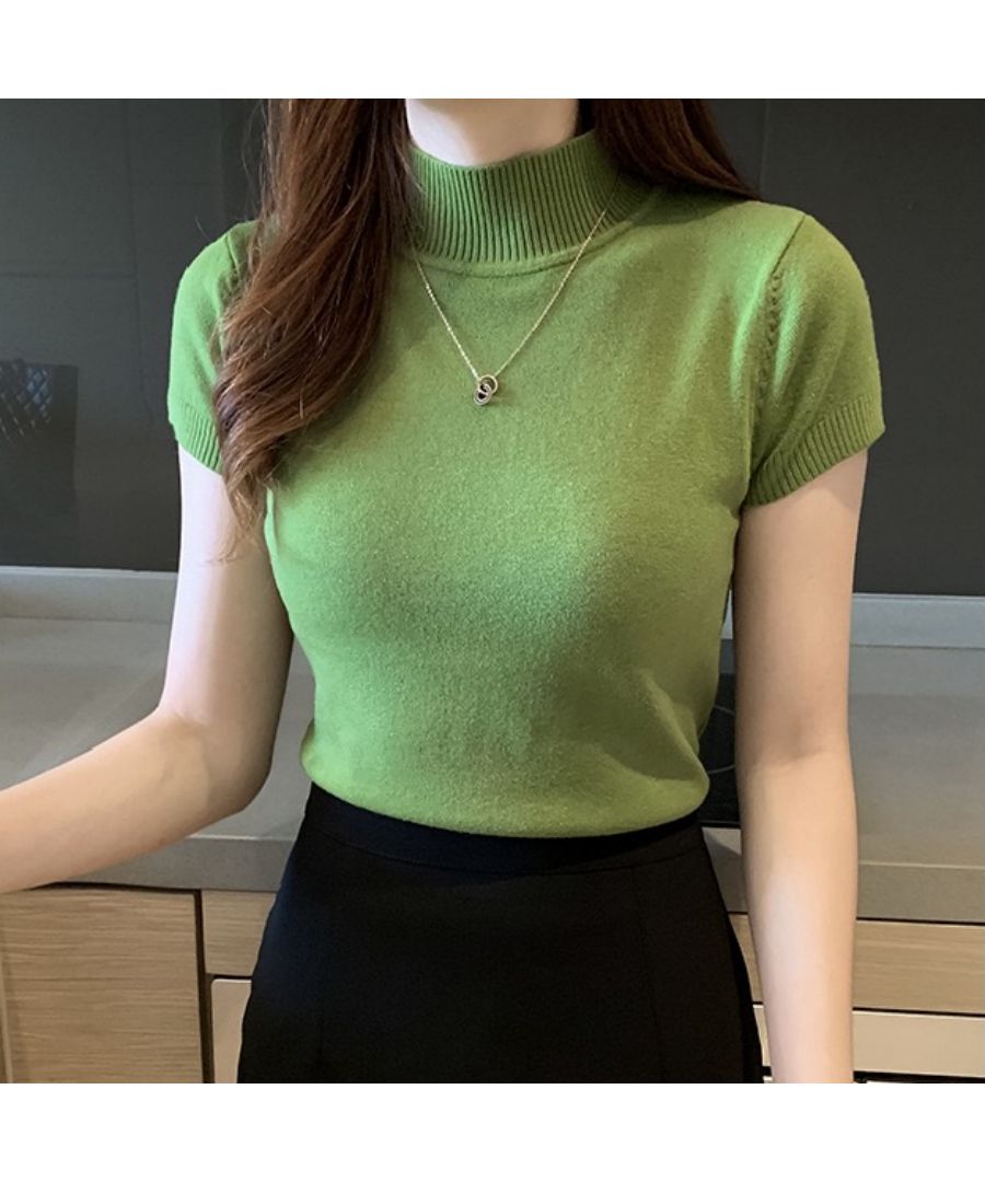 ベストストア Beststore さらっとした肌ざわり サマーニット ハーフタートルネック 半袖リブニット レディーストップス オフィスカジュアル スタンドネック 韓国ファッションニット Tシャ