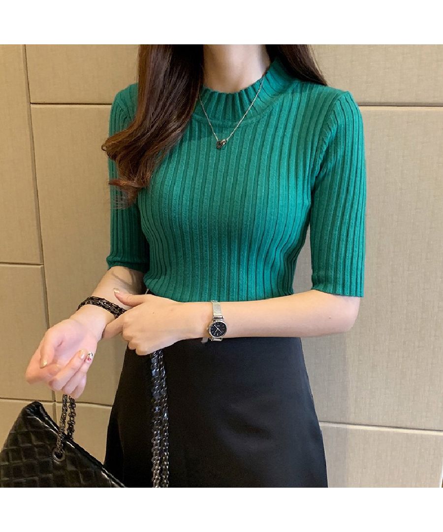 ベストストア Beststore トップス サマーニット ハイネック リブニット カットソー 夏服 レディース 五分袖 ニット プチハイネック 襟 フィット タイト 細見え 半袖 アクリル やわ