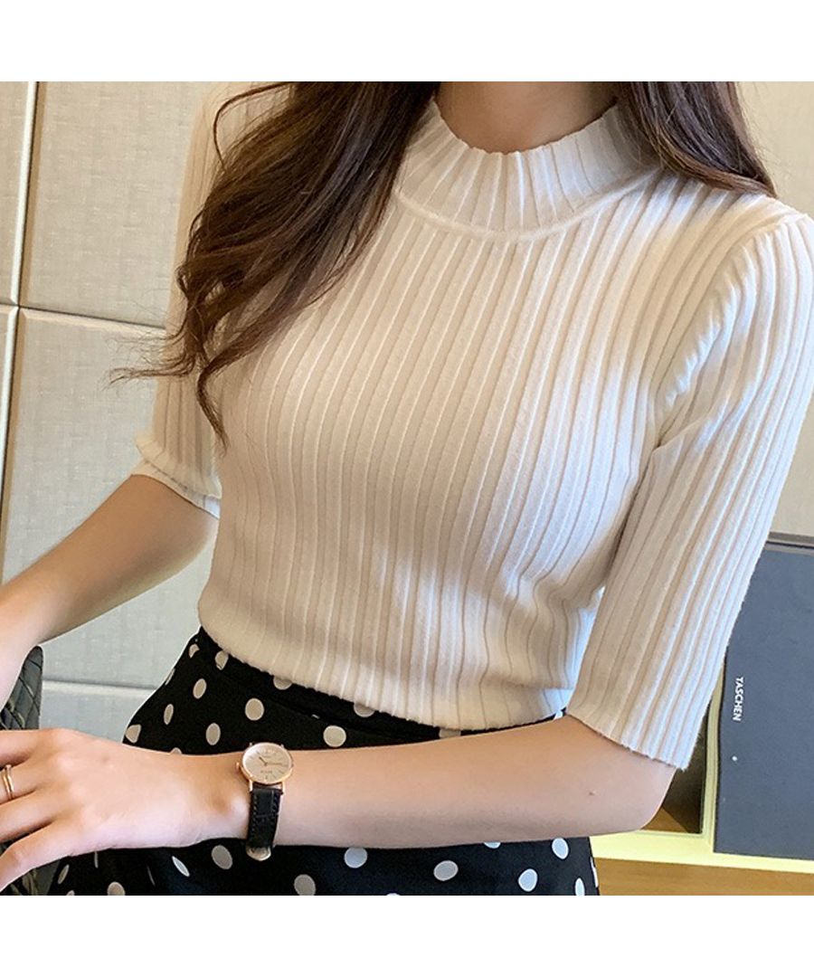 ベストストア Beststore トップス サマーニット ハイネック リブニット カットソー 夏服 レディース 五分袖 ニット プチハイネック 襟 フィット タイト 細見え 半袖 アクリル やわ