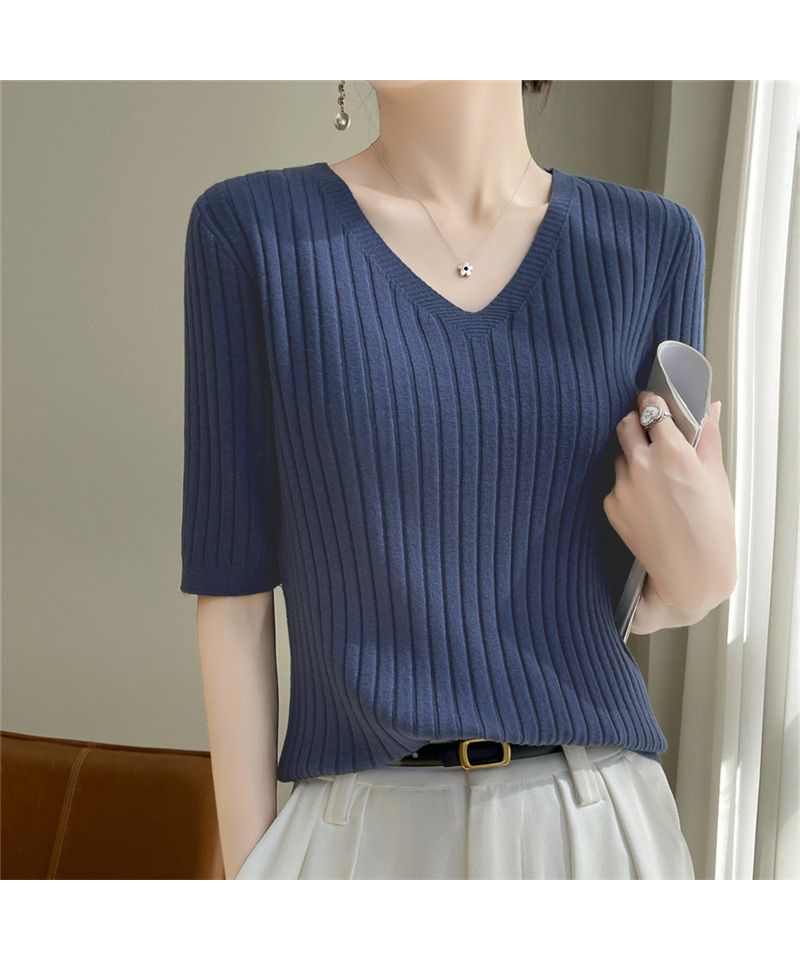 ベストストア Beststore トップス サマーニット ニット ニットソー半袖 半端袖 7分袖 vネック 韓国 夏 tシャツ オフィスカジュアル 薄手ニット リブニット編 春夏 肌ざわり 5分,ブルー