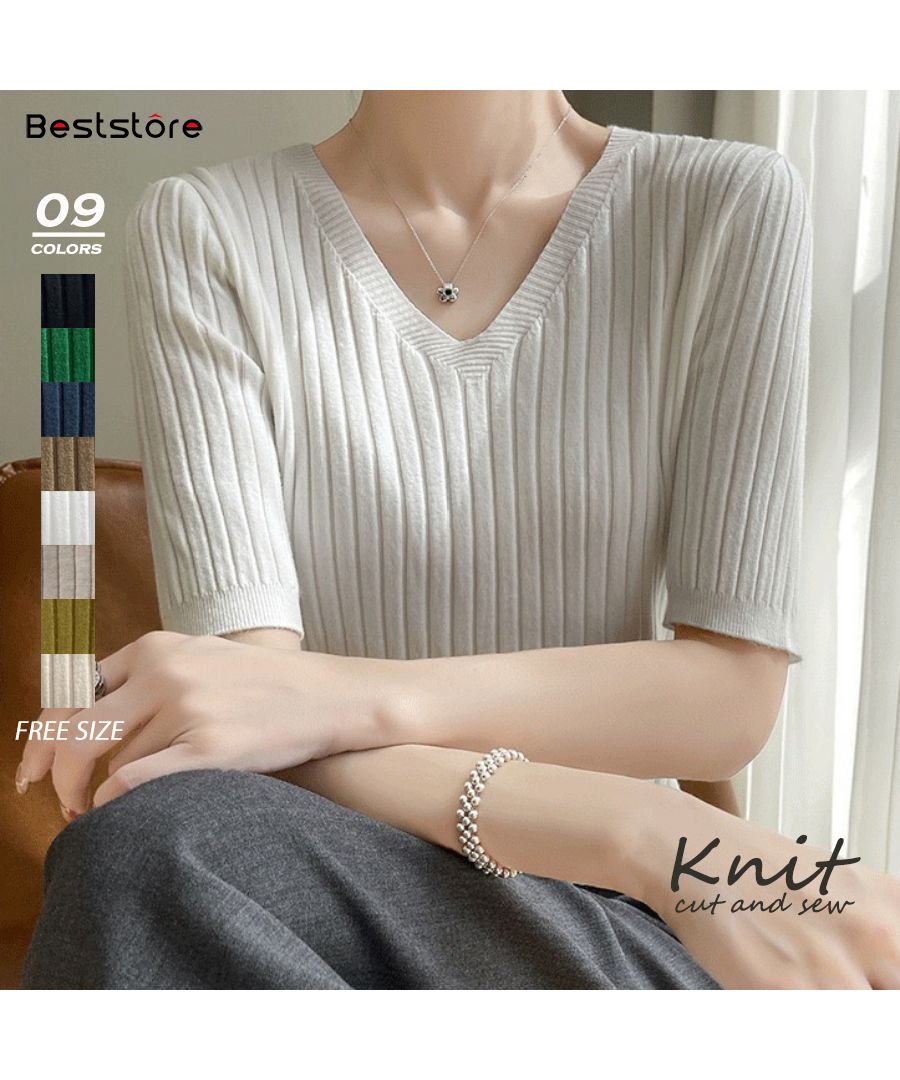 最佳商店 Beststore 上衣 夏季針織 針織 短袖 半袖 7分袖 V領 韓國 夏天 T恤 辦公室休閒 薄款針織 垂針織編 春夏 觸感 5分