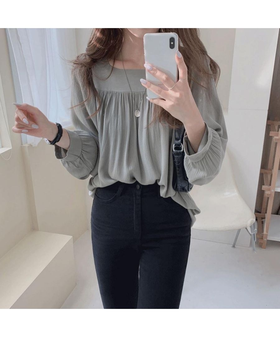 Beststore Tops Blouse Chiffon Blouse Sheer Blouse Volume Long Sleeve Blouse Square Neck Office Casual Shirt Ruffle Sheerness Korean Fashion Sea