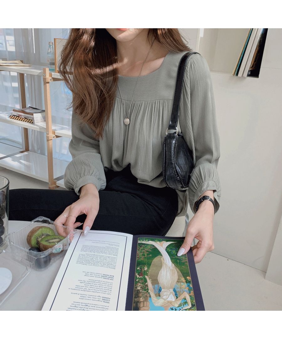 Beststore Tops Blouse Chiffon Blouse Sheer Blouse Volume Long Sleeve Blouse Square Neck Office Casual Shirt Ruffle Sheerness Korean Fashion Sea