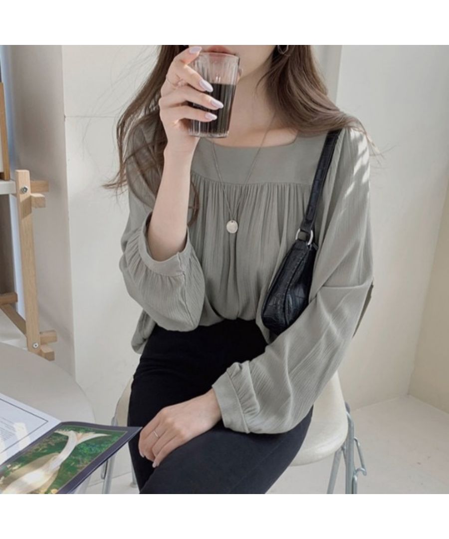 Beststore Tops Blouse Chiffon Blouse Sheer Blouse Volume Long Sleeve Blouse Square Neck Office Casual Shirt Ruffle Sheerness Korean Fashion Sea