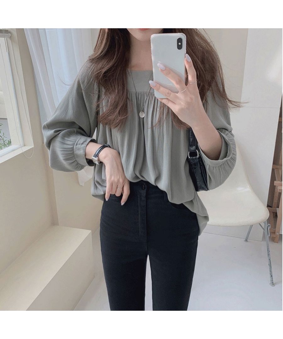 Beststore Tops Blouse Chiffon Blouse Sheer Blouse Volume Long Sleeve Blouse Square Neck Office Casual Shirt Ruffle Sheerness Korean Fashion Sea
