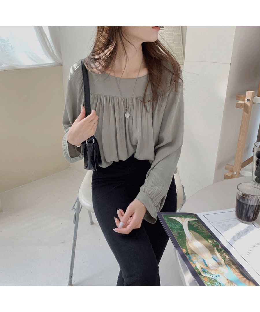 Beststore Tops Blouse Chiffon Blouse Sheer Blouse Volume Long Sleeve Blouse Square Neck Office Casual Shirt Ruffle Sheerness Korean Fashion Sea