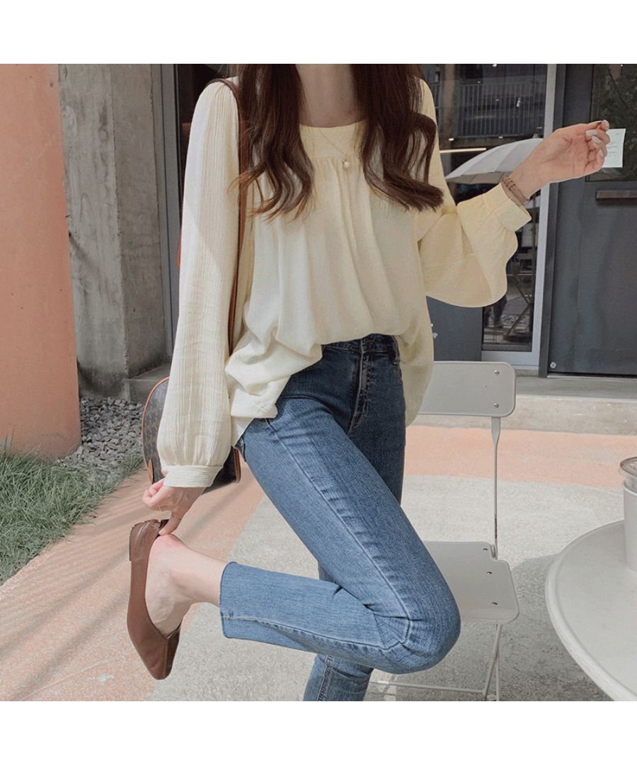 Beststore Tops Blouse Chiffon Blouse Sheer Blouse Volume Long Sleeve Blouse Square Neck Office Casual Shirt Ruffle Sheerness Korean Fashion Sea