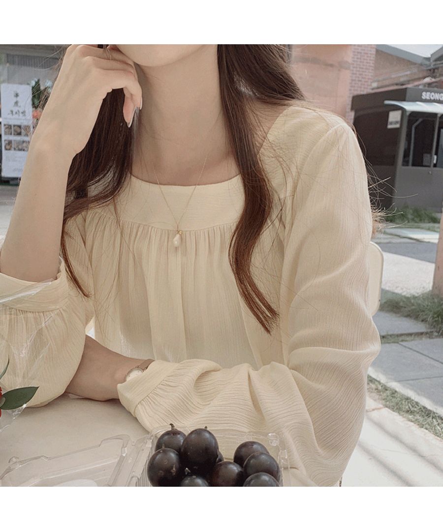 Beststore Tops Blouse Chiffon Blouse Sheer Blouse Volume Long Sleeve Blouse Square Neck Office Casual Shirt Ruffle Sheerness Korean Fashion Sea