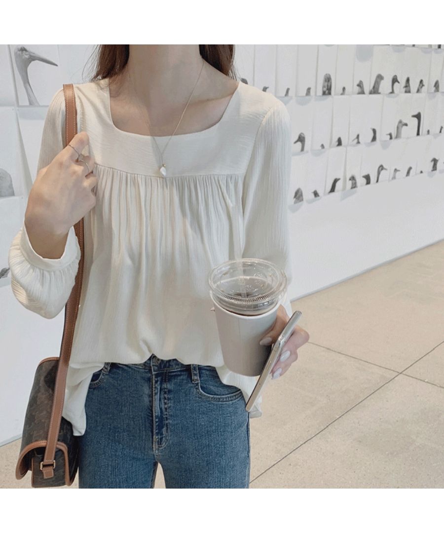 Beststore Tops Blouse Chiffon Blouse Sheer Blouse Volume Long Sleeve Blouse Square Neck Office Casual Shirt Ruffle Sheerness Korean Fashion Sea