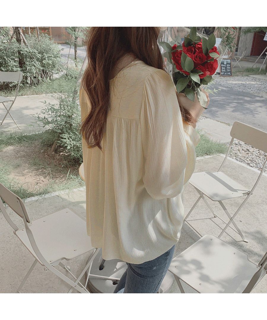 Beststore Tops Blouse Chiffon Blouse Sheer Blouse Volume Long Sleeve Blouse Square Neck Office Casual Shirt Ruffle Sheerness Korean Fashion Sea