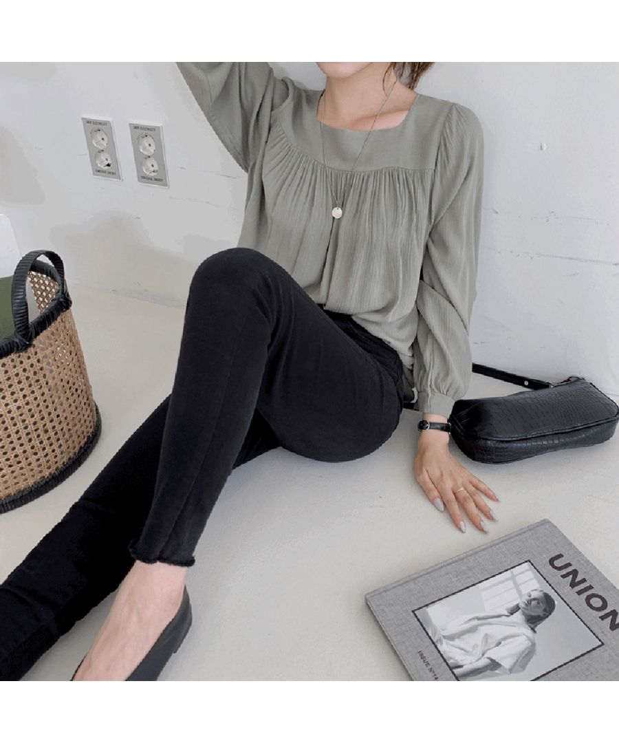 Beststore Tops Blouse Chiffon Blouse Sheer Blouse Volume Long Sleeve Blouse Square Neck Office Casual Shirt Ruffle Sheerness Korean Fashion Sea