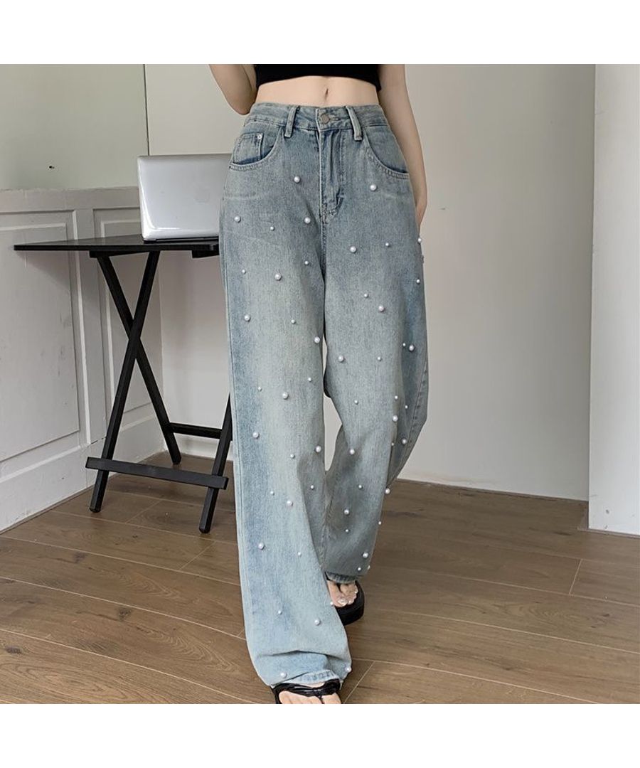 ベストストア Beststore パール付デニムパンツ 春 夏 ハイウエストデニムパンツデニム ワイドパンツ ハイウエスト 脚長 ストレートパンツ 着やせ カジュアル ジーンズ ロング丈 韓国フ