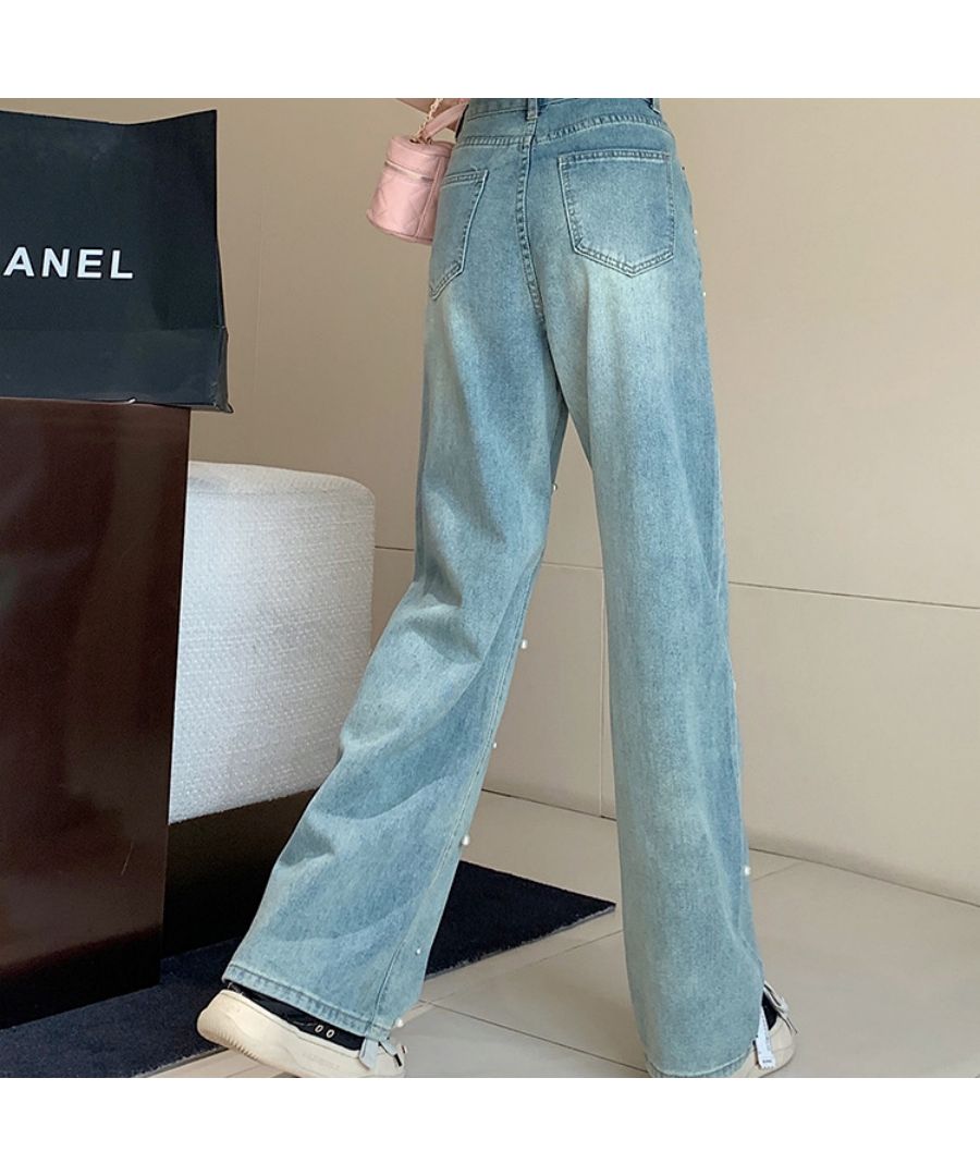 ベストストア Beststore パール付デニムパンツ 春 夏 ハイウエストデニムパンツデニム ワイドパンツ ハイウエスト 脚長 ストレートパンツ 着やせ カジュアル ジーンズ ロング丈 韓国フ