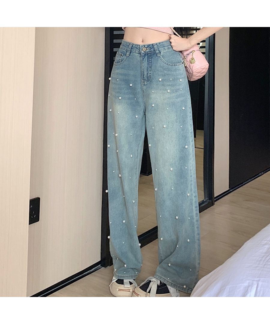 ベストストア Beststore パール付デニムパンツ 春 夏 ハイウエストデニムパンツデニム ワイドパンツ ハイウエスト 脚長 ストレートパンツ 着やせ カジュアル ジーンズ ロング丈 韓国フ