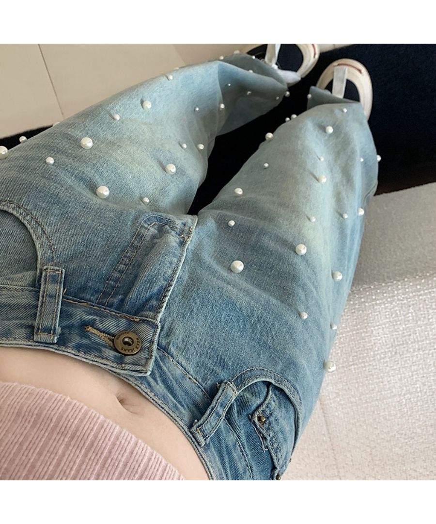 ベストストア Beststore パール付デニムパンツ 春 夏 ハイウエストデニムパンツデニム ワイドパンツ ハイウエスト 脚長 ストレートパンツ 着やせ カジュアル ジーンズ ロング丈 韓国フ