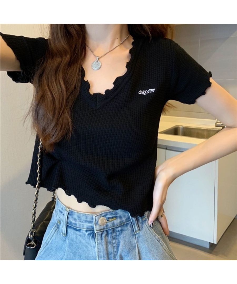 ベストストア Beststore Tシャツ ショート丈 トップス カットソー 半袖 サマーニット 韓国ファション vネック ベーシック刺繍ロゴデザイン ロゴt 新作tシャツ シンプル 可愛い 無