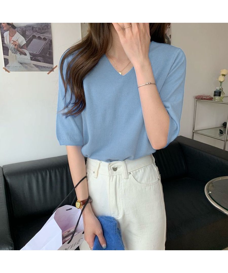 ベストストア Beststore ニットソー半袖 vネックニットソー トップス サマーニット 薄く軽い Tシャツ 無地 大人気可愛いニットソー 韓国ファッション 春 夏 大きいサイズ ロンT,スカイブルー