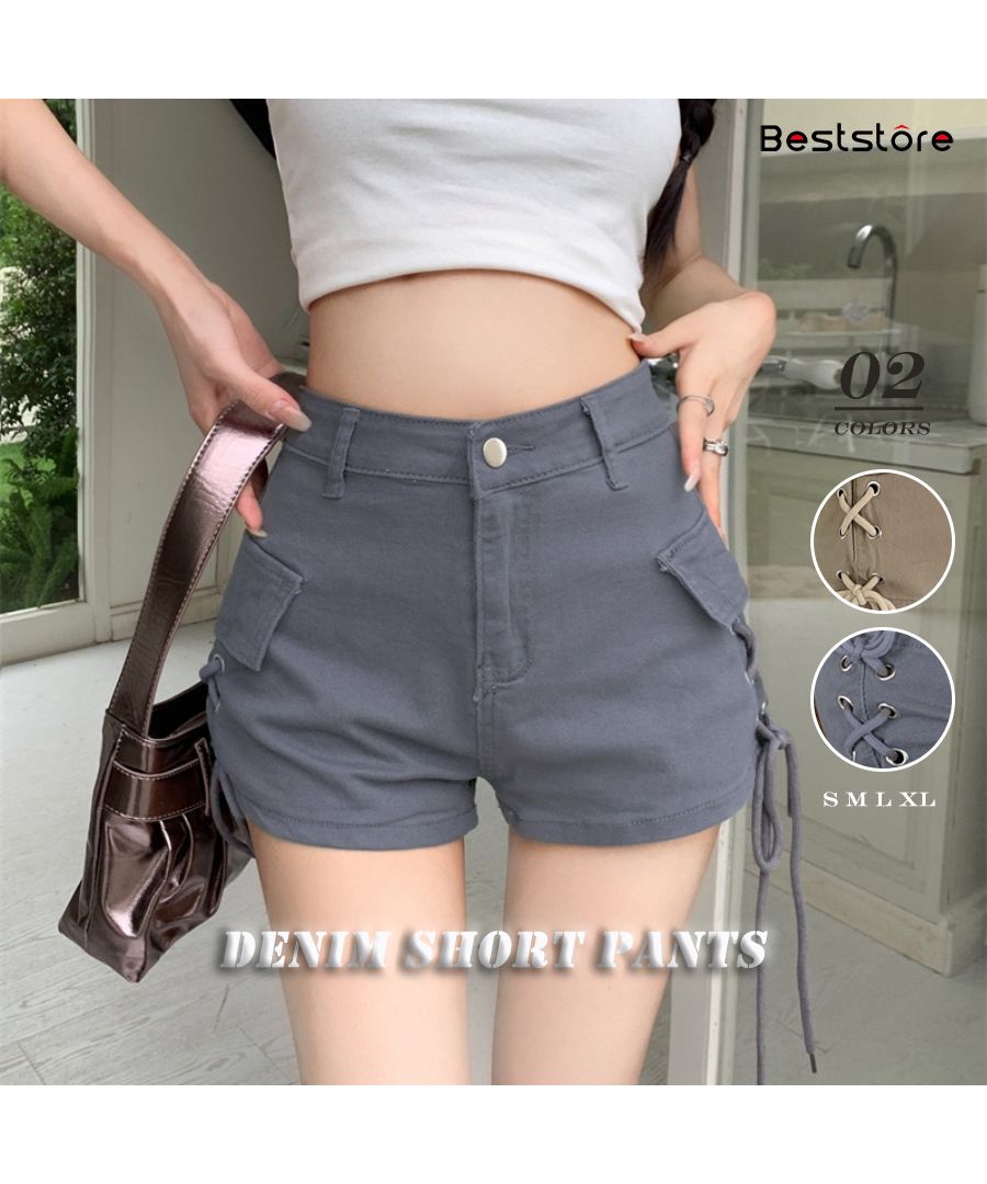 ベストストア Beststore ショートパンツ デニム ハイウエスト 夏 美脚 デニム短パン ひも付き 可愛い ホットパンツ 脚長 おしゃれ ジーパン オルチャン 春夏サマー 細く見えるジーン