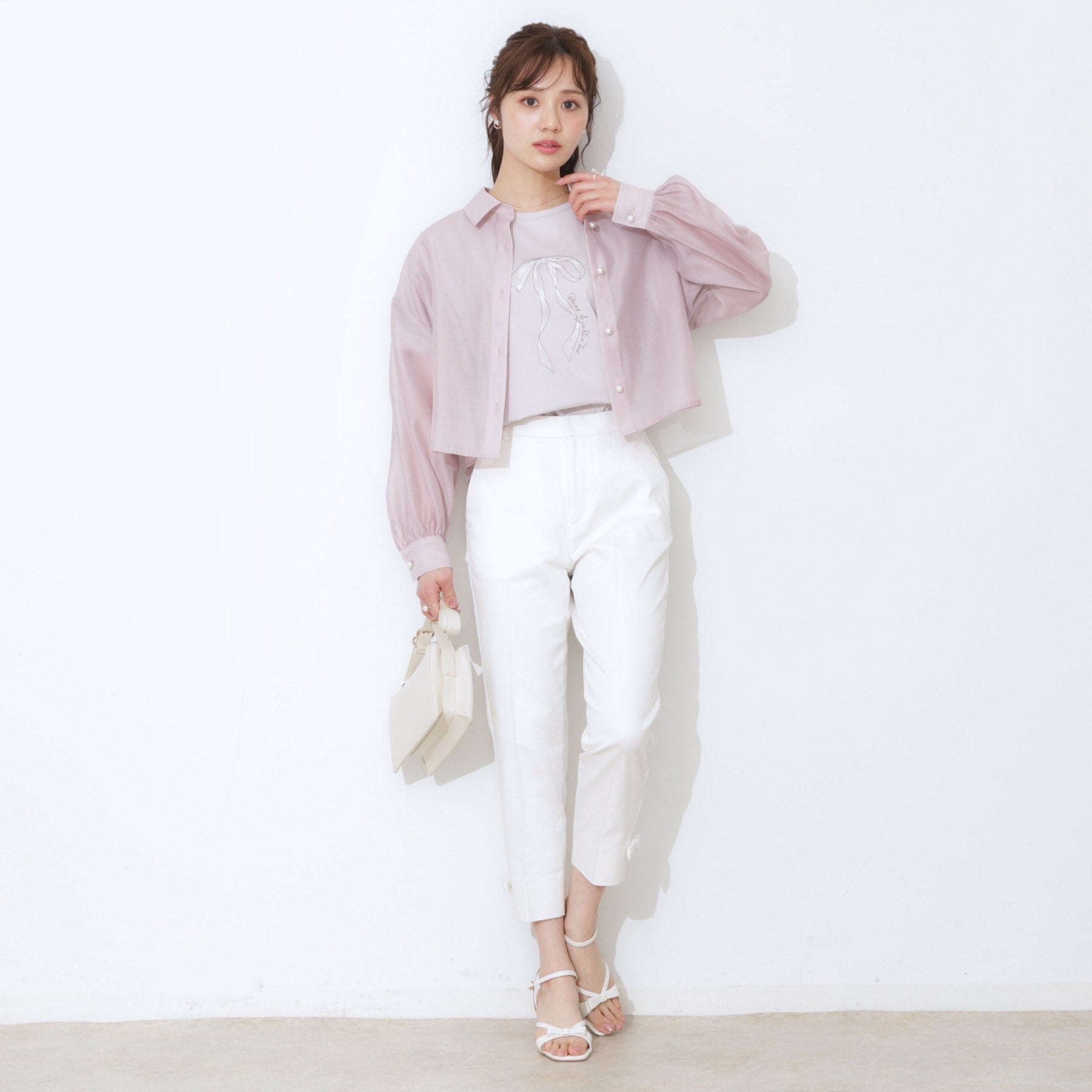 クチュール ブローチ Couture Brooch パール調ボタンシアーシャツ (ピンクベージュ(053)) ピンクベージュ(053)