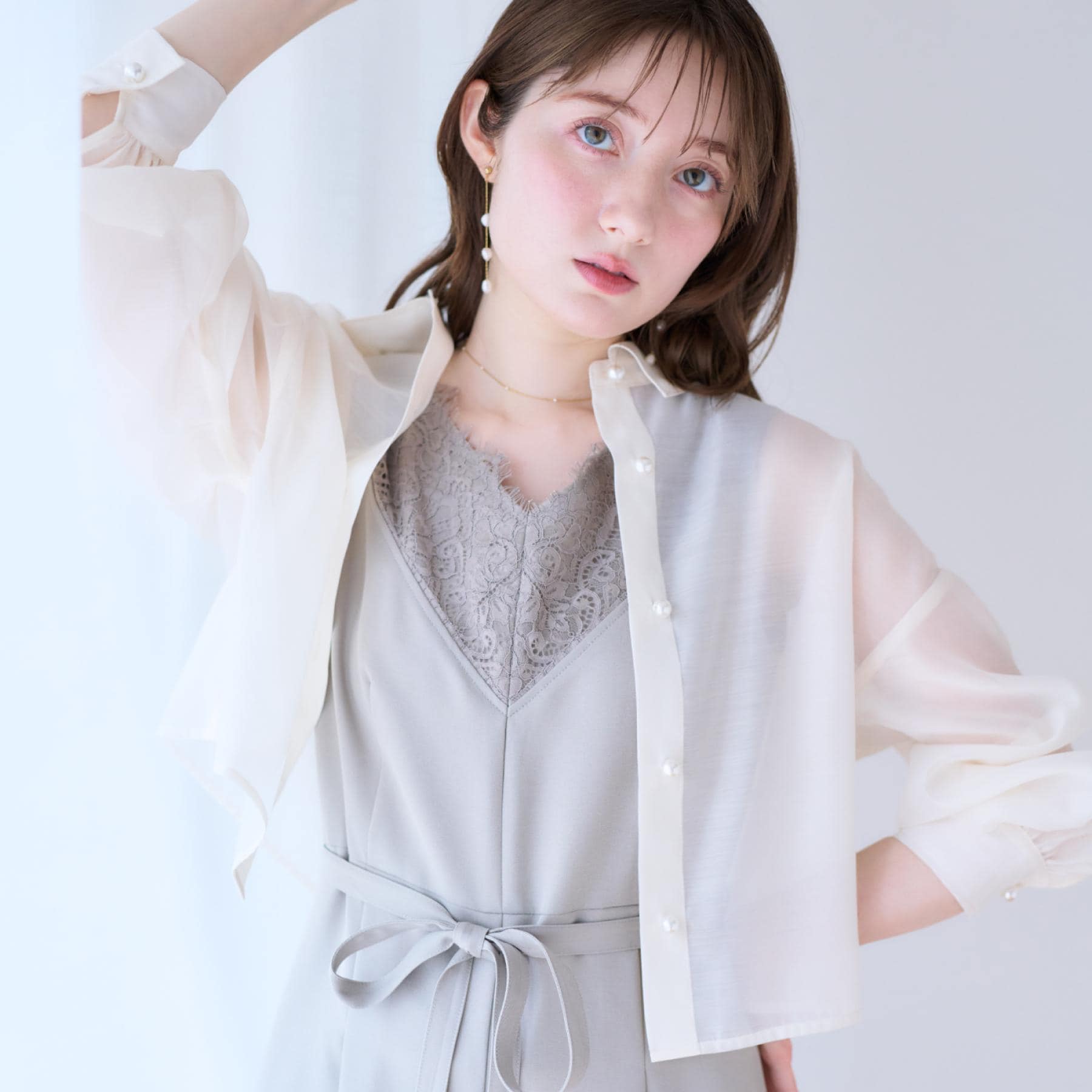 クチュール ブローチ Couture Brooch パール調ボタンシアーシャツ (アイボリー(004)) アイボリー(004)