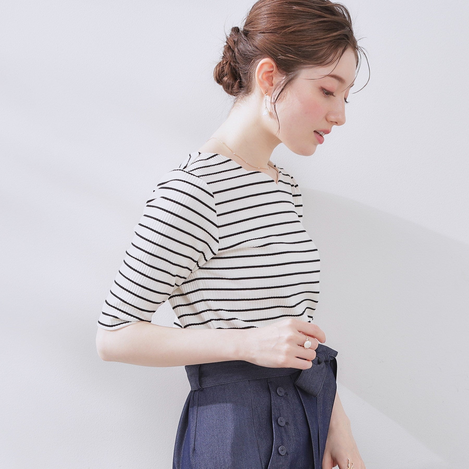 クチュール ブローチ Couture Brooch ハートネックテレコ5分袖プルオーバー (オフホワイト(003)) オフホワイト(003)