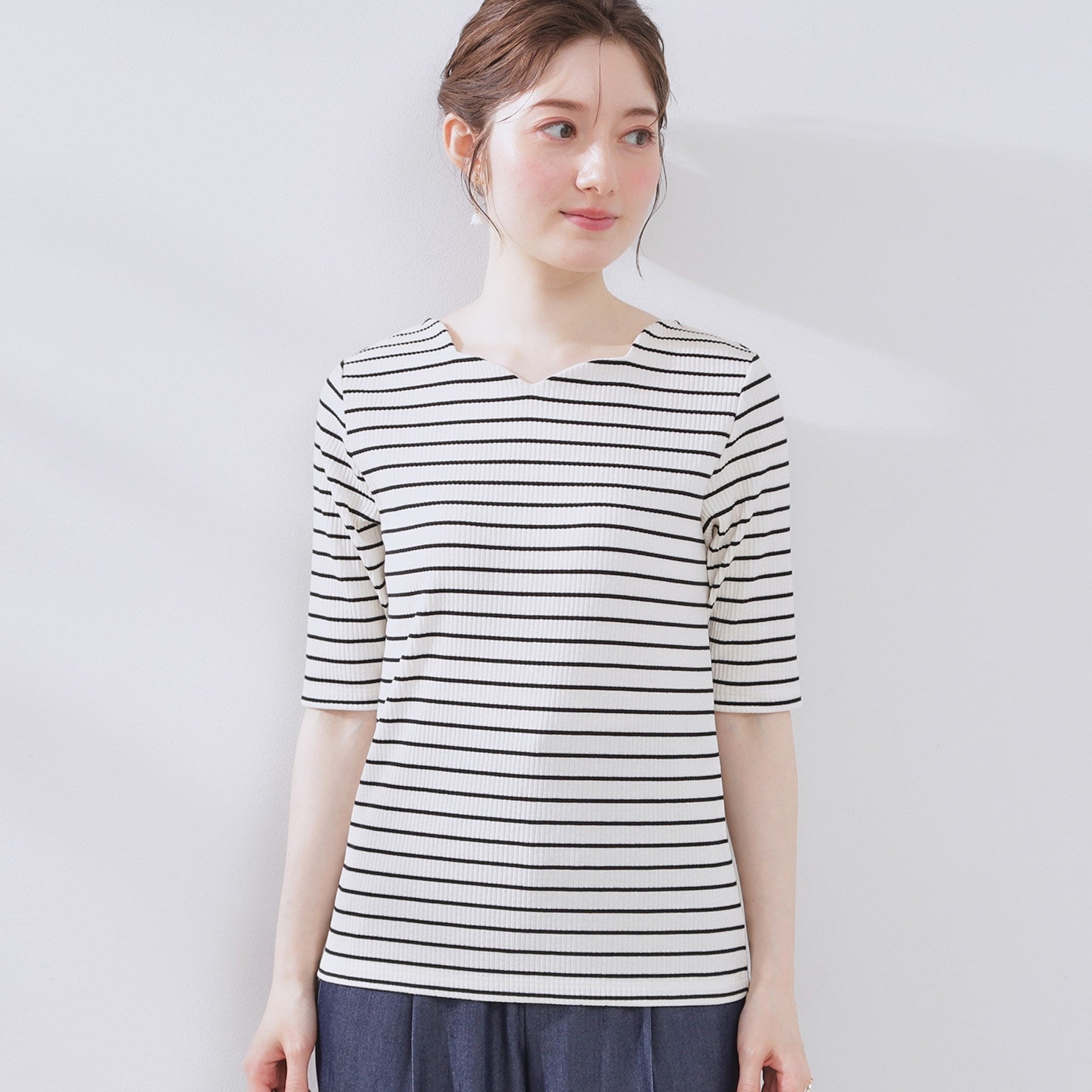 クチュール ブローチ Couture Brooch ハートネックテレコ5分袖プルオーバー (オフホワイト(003)) オフホワイト(003)