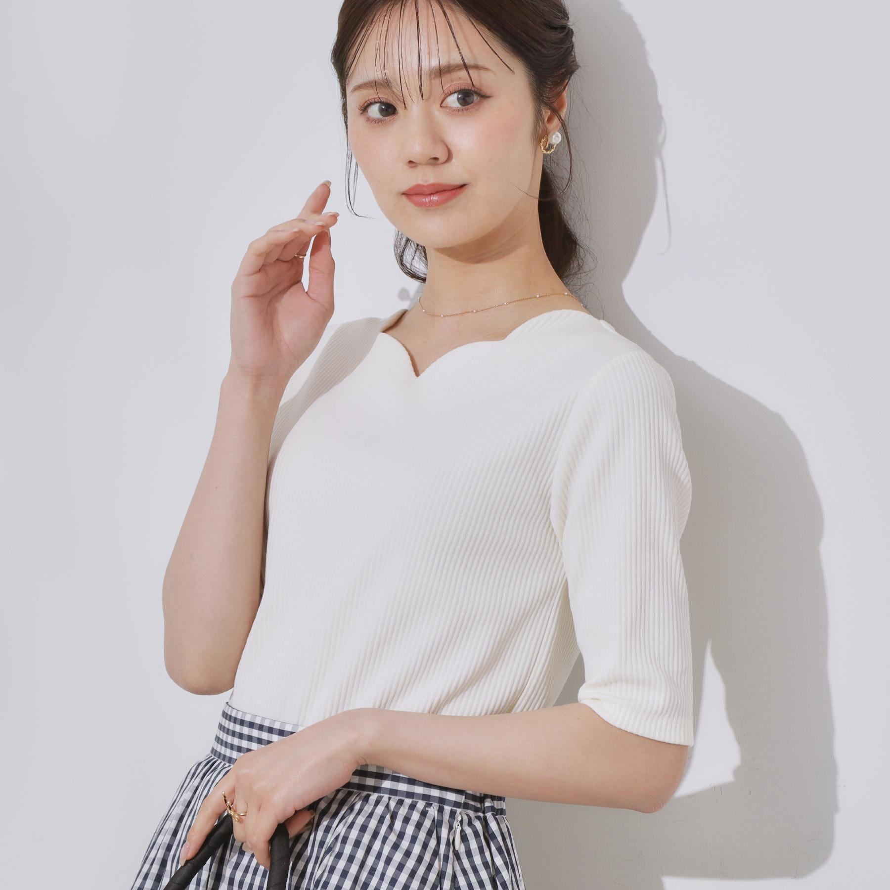 クチュール ブローチ Couture Brooch ハートネックテレコ5分袖プルオーバー (オフホワイト(003)) オフホワイト(003)