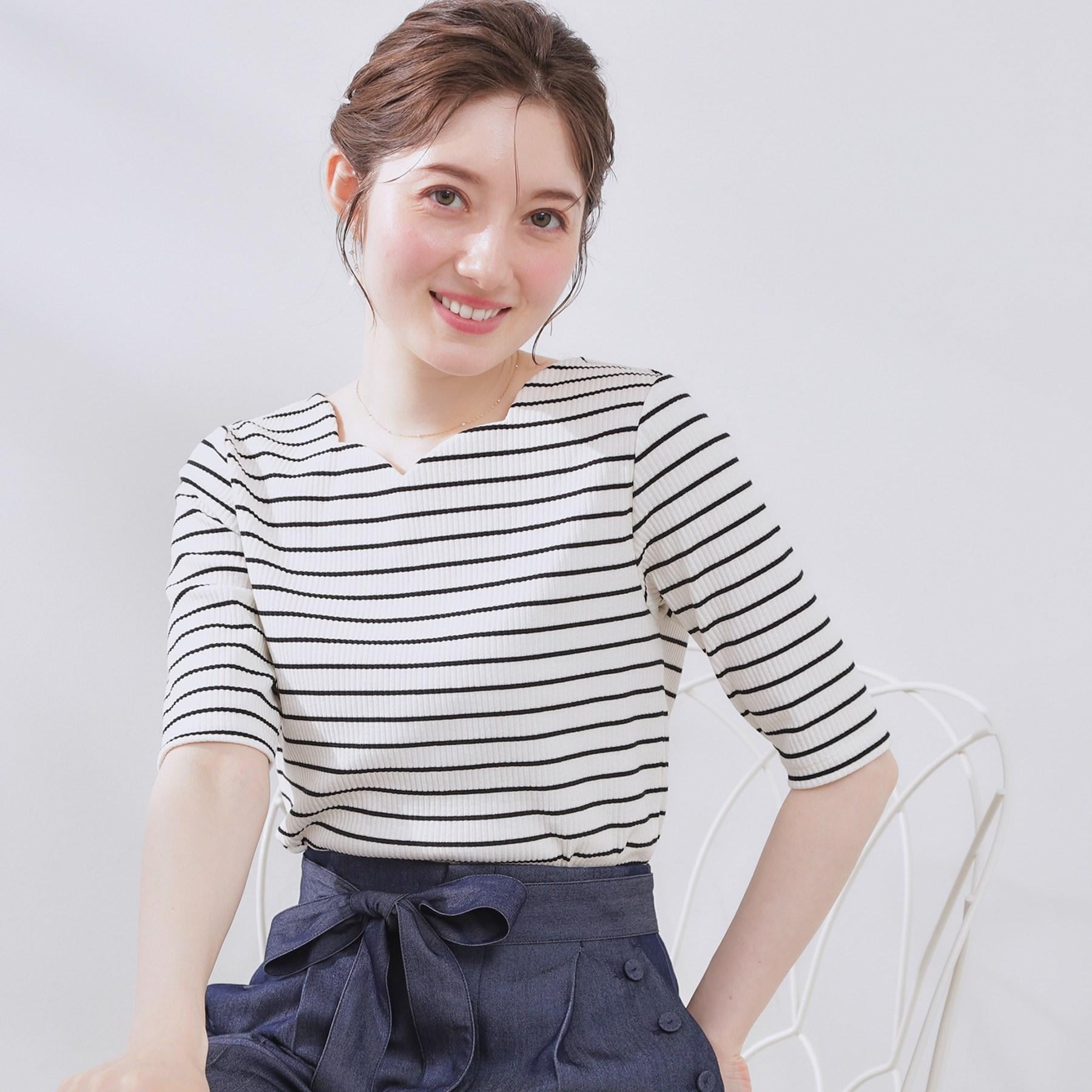 クチュール ブローチ Couture Brooch ハートネックテレコ5分袖プルオーバー (オフホワイト(303)) オフホワイト(303)