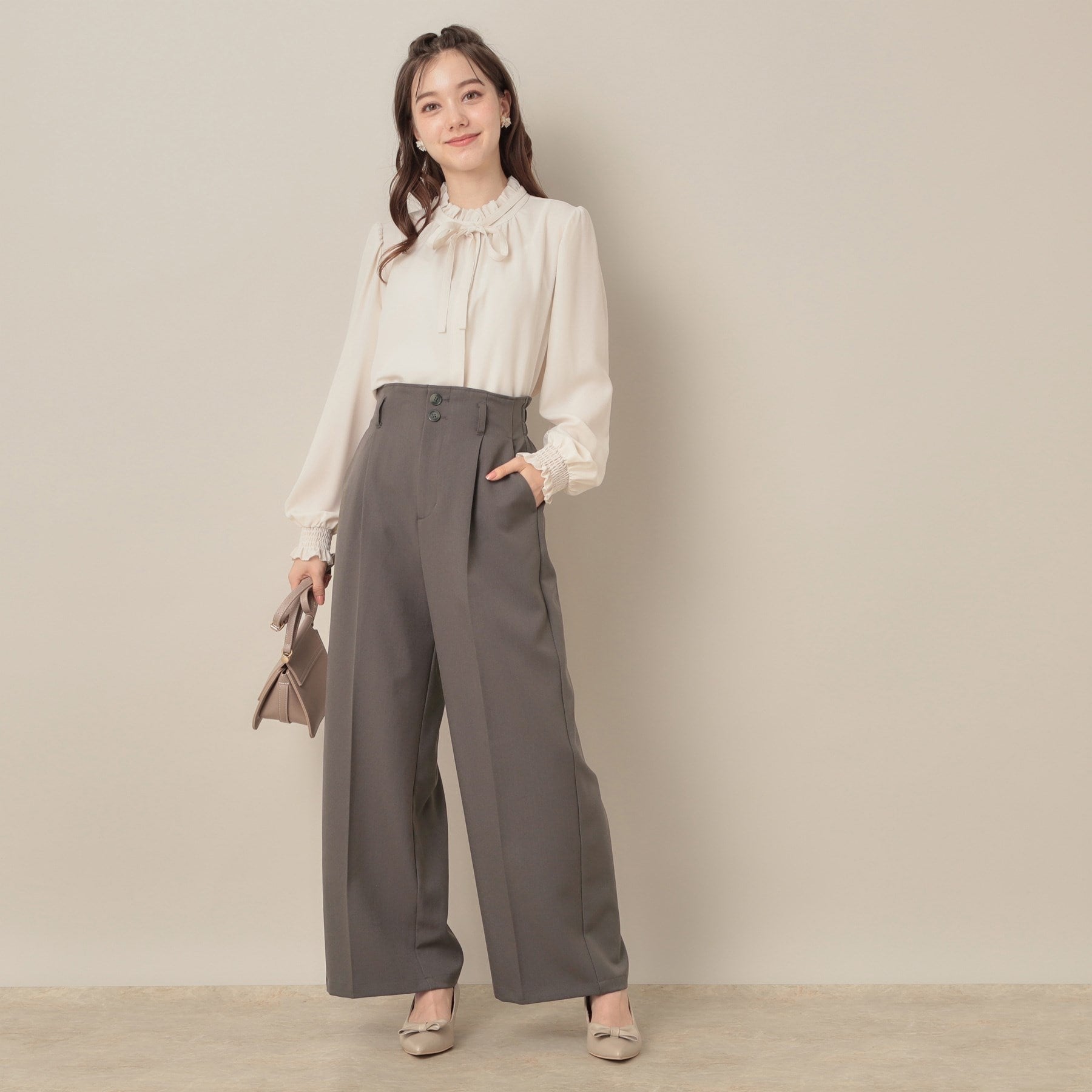 クチュール ブローチ Couture Brooch ウエストリボン サスペンダー付きワイドパンツ (チャコールグレー(013)) チャコールグレー(013)