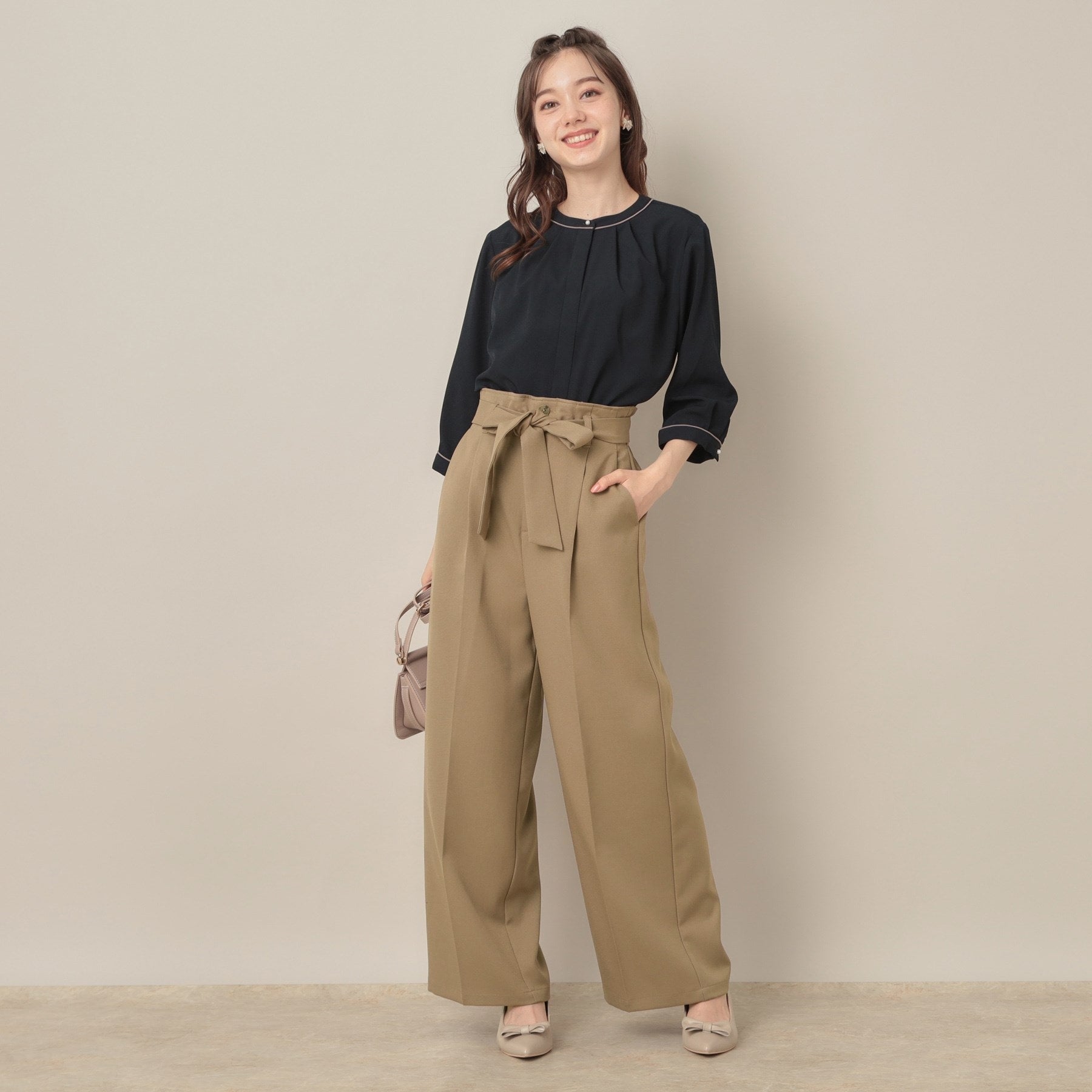 クチュール ブローチ Couture Brooch ウエストリボン サスペンダー付きワイドパンツ (チャコールグレー(013)) チャコールグレー(013)