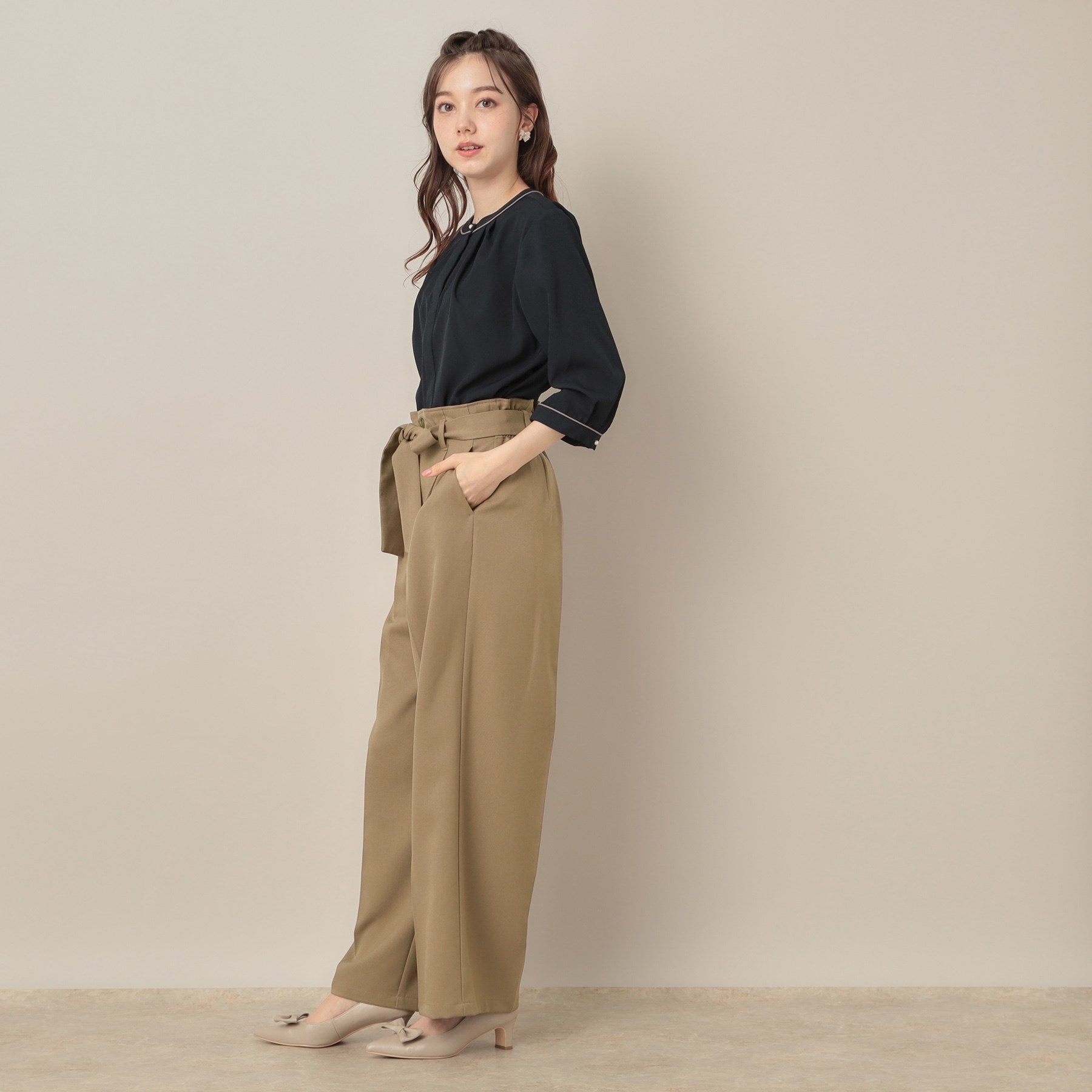 クチュール ブローチ Couture Brooch ウエストリボン サスペンダー付きワイドパンツ (チャコールグレー(013)) チャコールグレー(013)