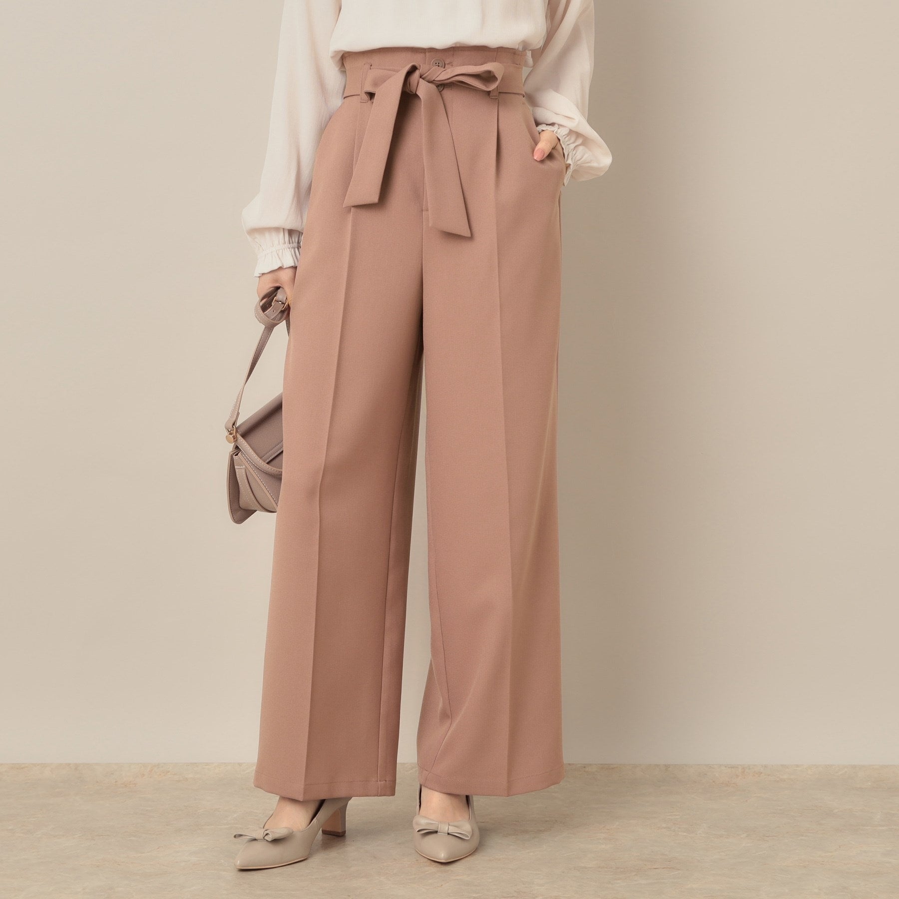 クチュール ブローチ Couture Brooch ウエストリボン サスペンダー付きワイドパンツ (チャコールグレー(013)) チャコールグレー(013)