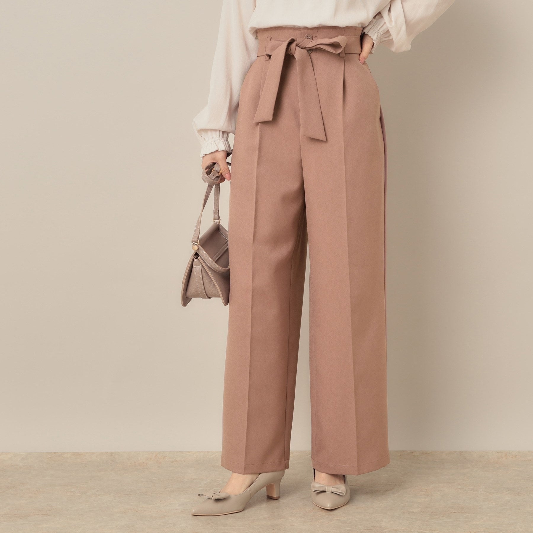 クチュール ブローチ Couture Brooch ウエストリボン サスペンダー付きワイドパンツ (ピンク(071)) ピンク(071)