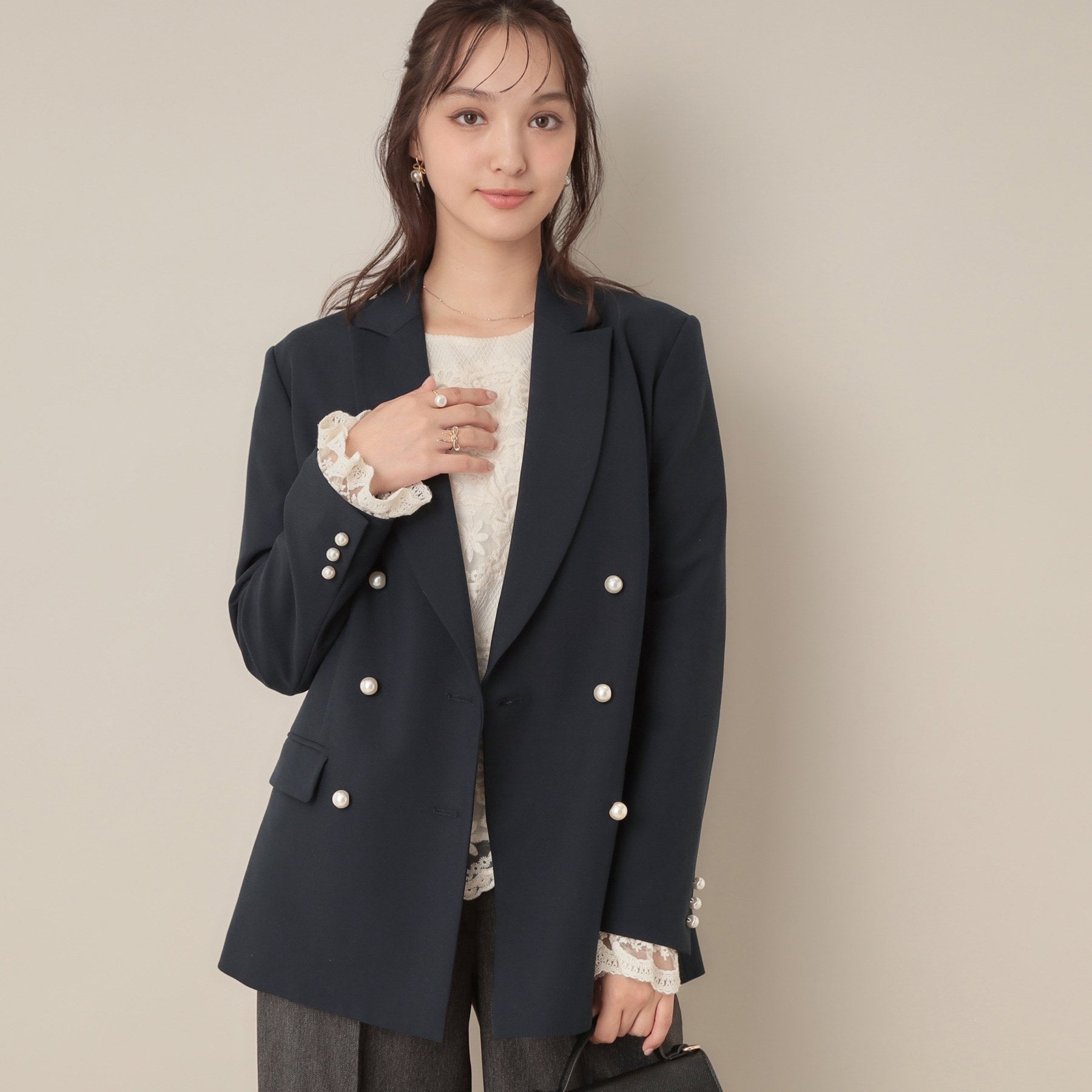クチュール ブローチ Couture Brooch レースカフス パール調釦テーラードジャケット (ネイビー(094)) ネイビー(094)