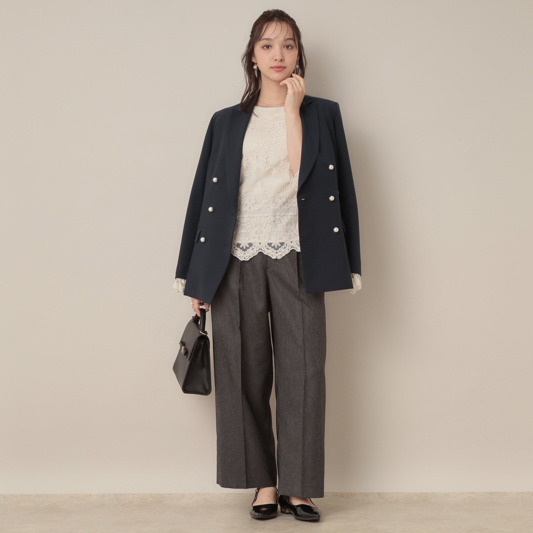 クチュール ブローチ Couture Brooch レースカフス パール調釦テーラードジャケット (ネイビー(094)) ネイビー(094)