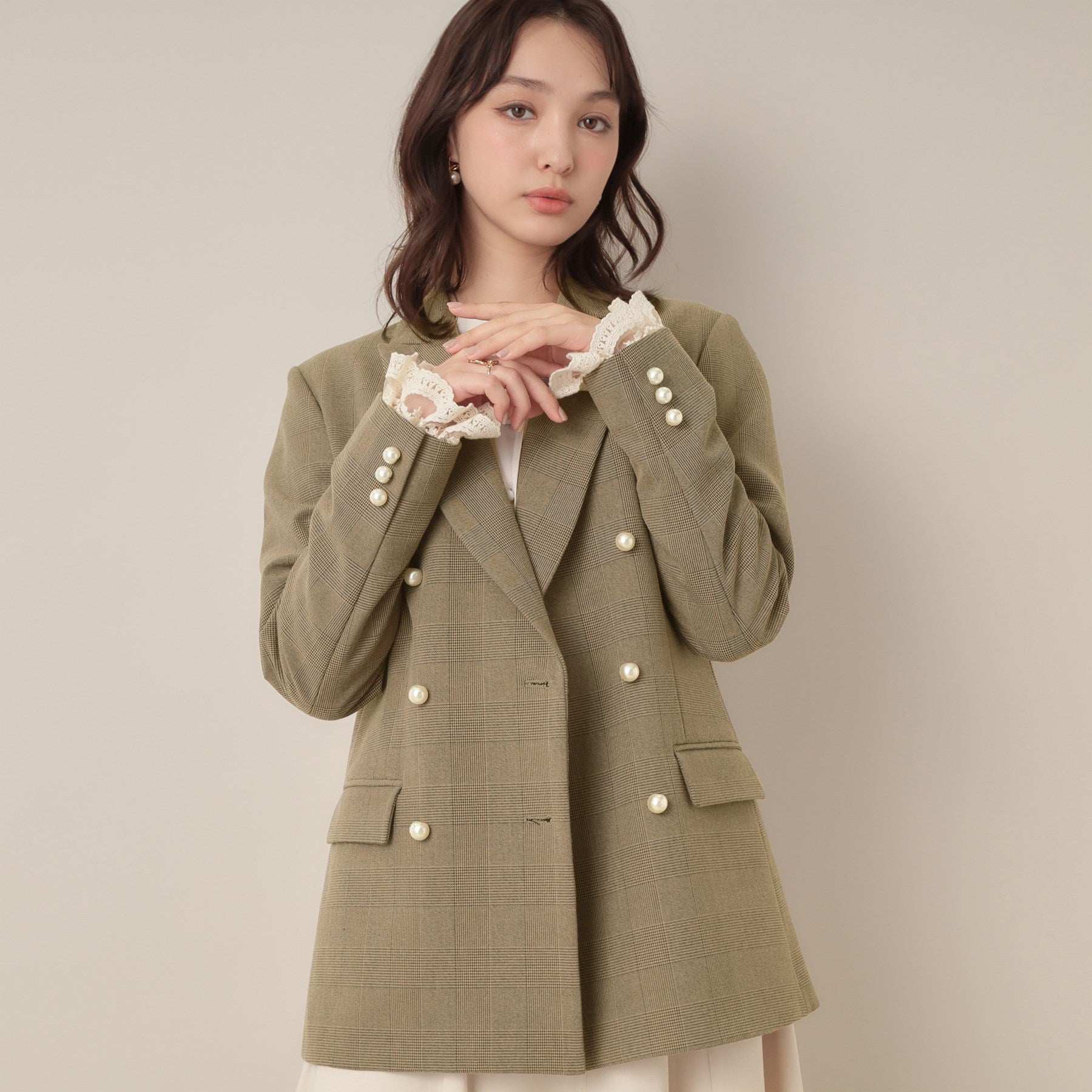 クチュール ブローチ Couture Brooch レースカフス パール調釦テーラードジャケット (ネイビー(094)) ネイビー(094)