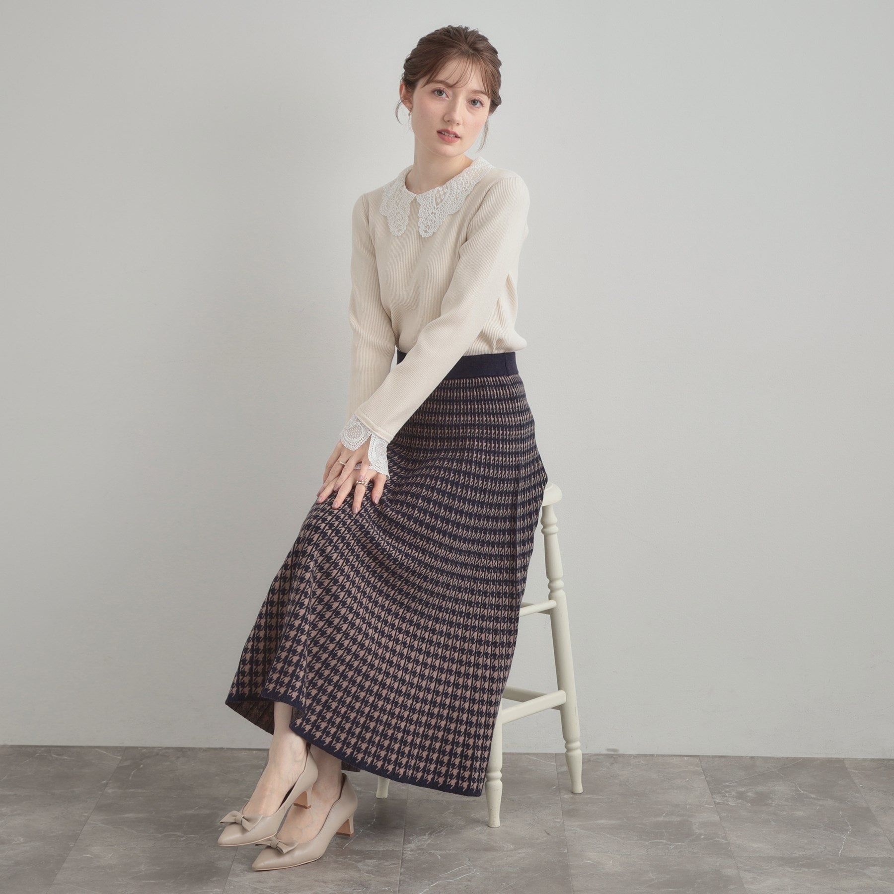 クチュール ブローチ Couture Brooch 千鳥JQニットプリーツスカート (ネイビー(294)) ネイビー(294)