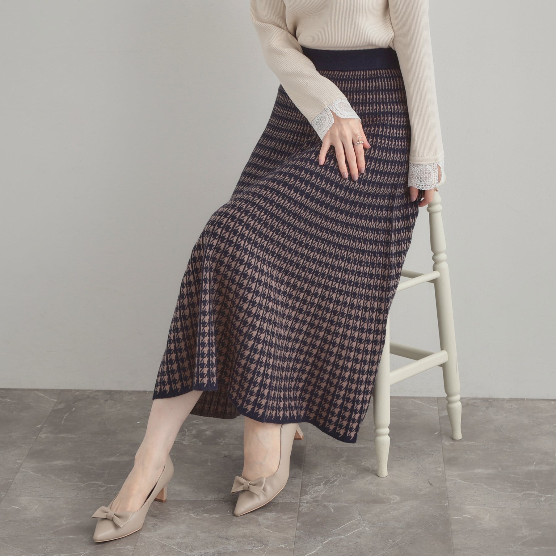 クチュール ブローチ Couture Brooch 千鳥JQニットプリーツスカート (ネイビー(294)) ネイビー(294)