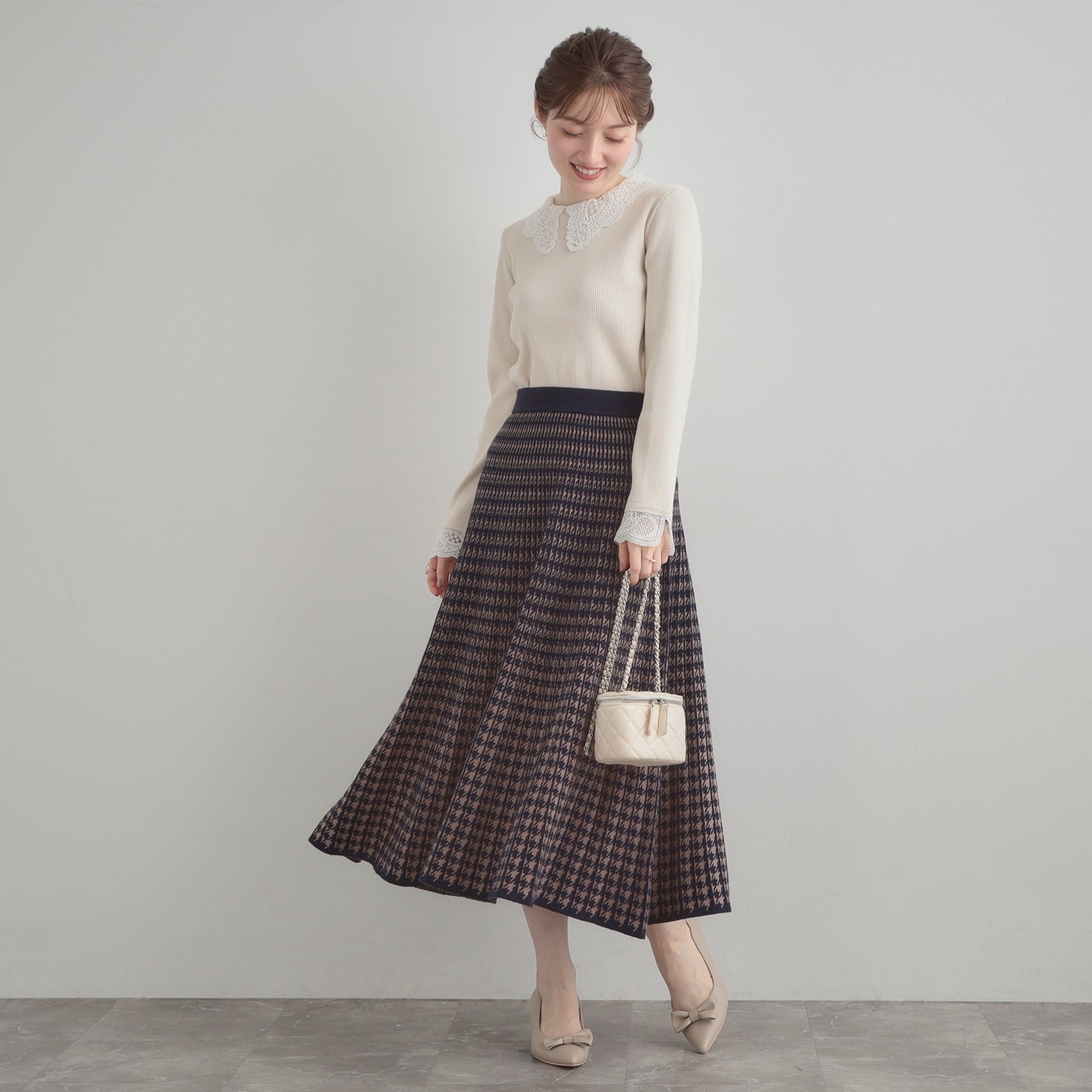 クチュール ブローチ Couture Brooch 千鳥JQニットプリーツスカート (ネイビー(294)) ネイビー(294)